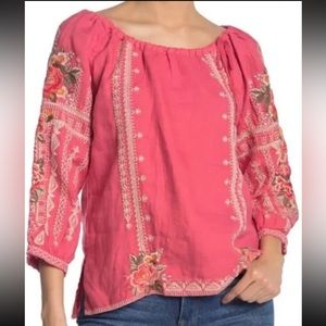 Johnny Was Paola Peasant Tie Blouse Pink Linen Embroidered SZ XS
